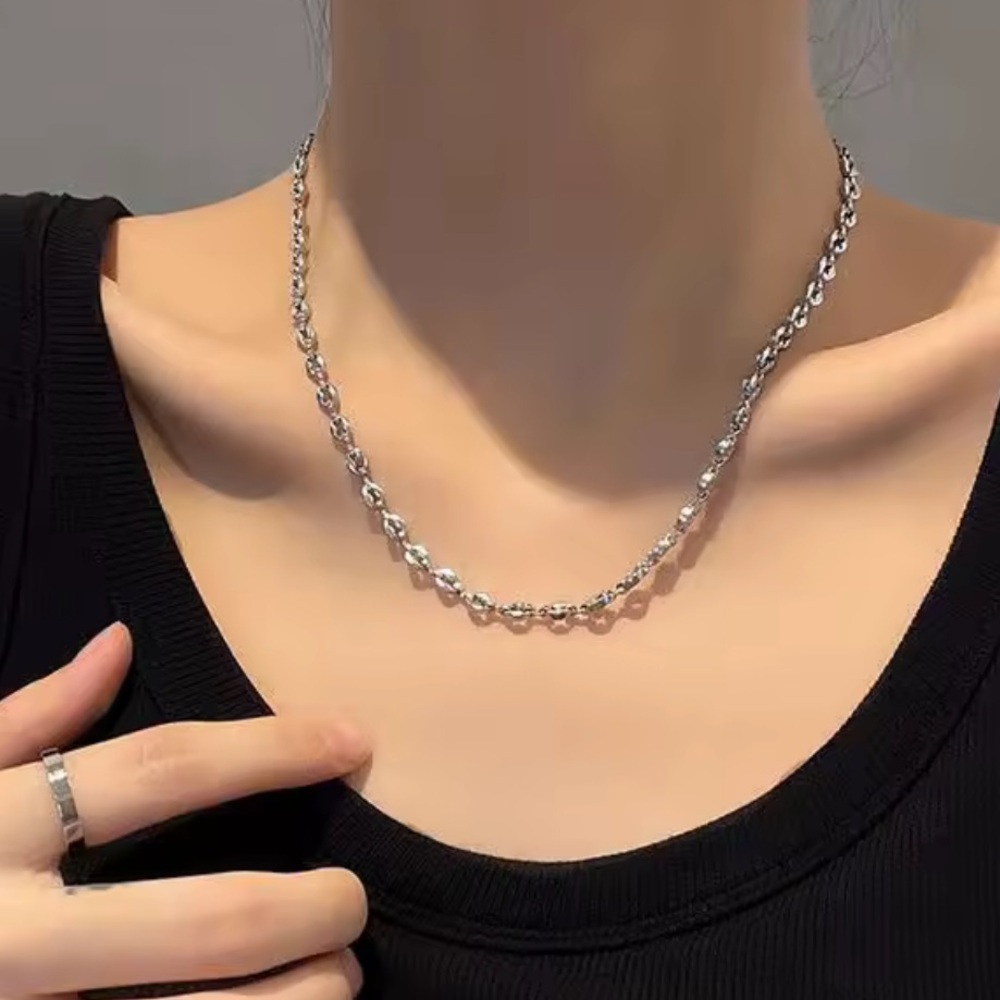 Silver Chain Link Coffee Bean Beaded Vintage Style Necklace Brand New